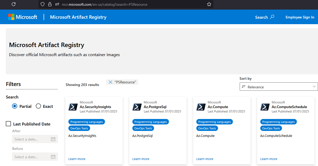 PSResource search in Microsoft Artifact Registry