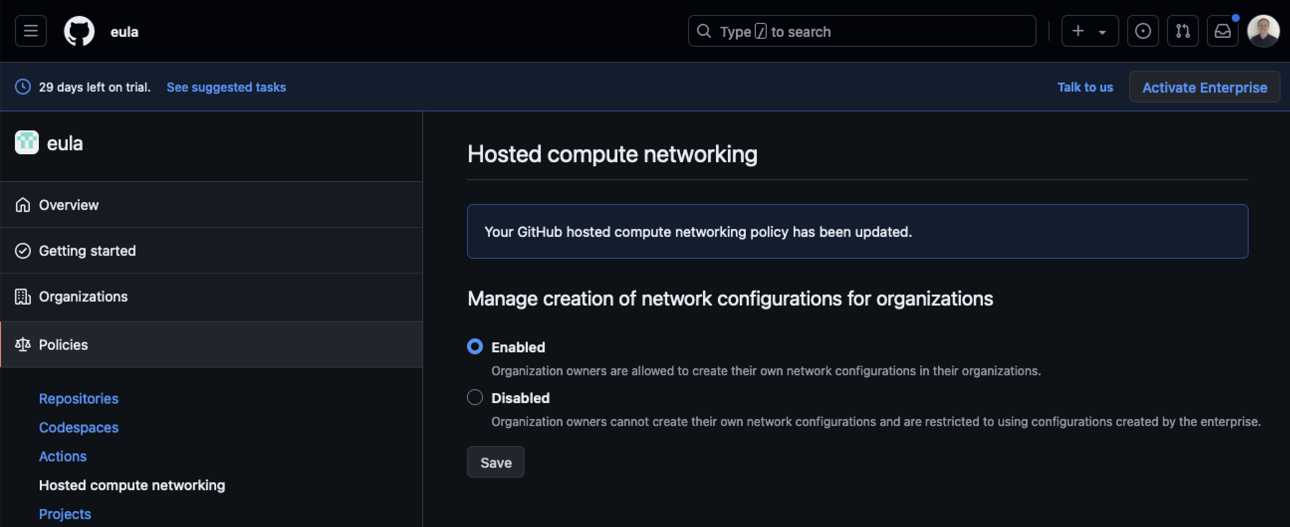 Setting to manage creation of network configurations for organizations