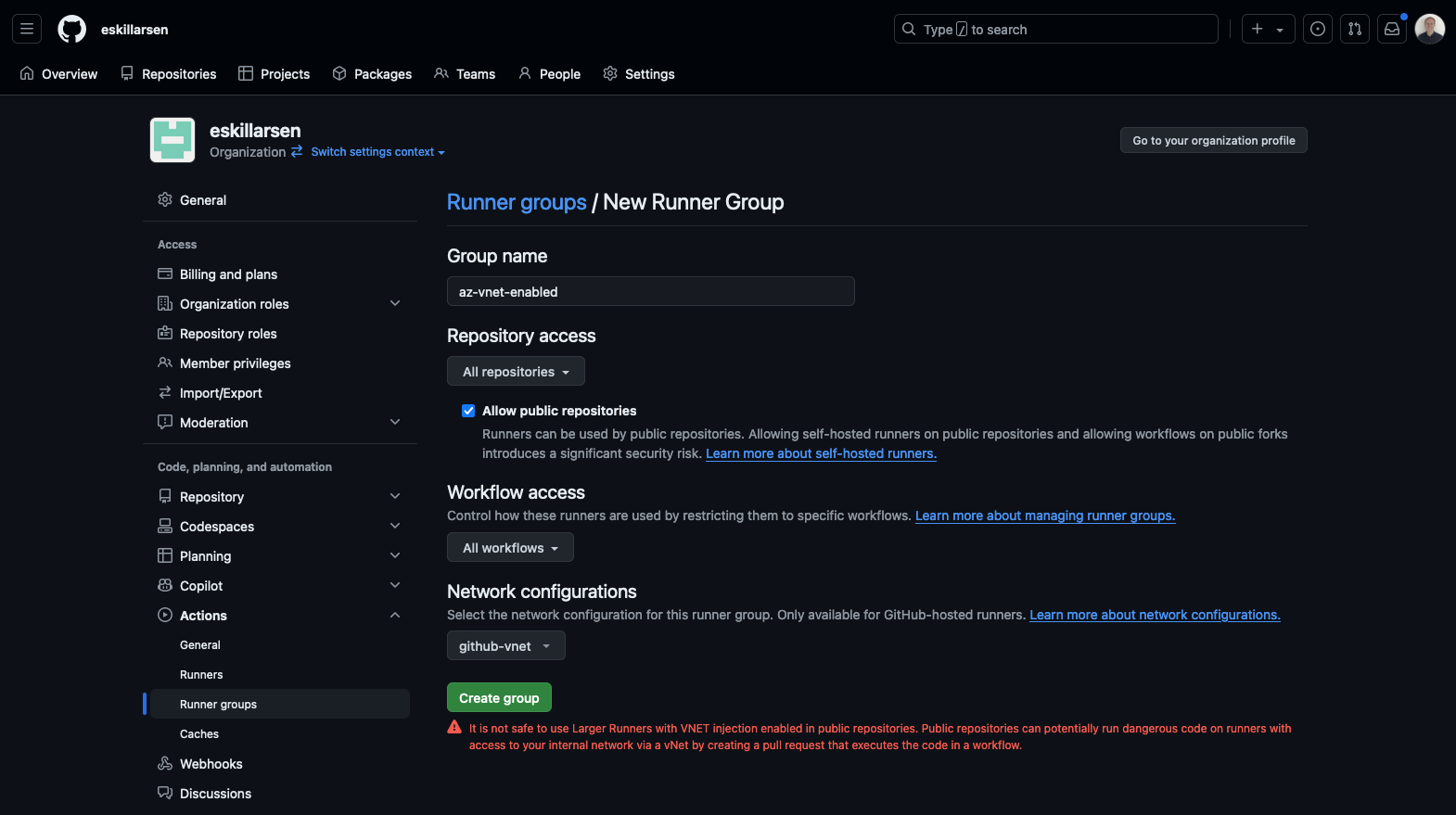 Create runner group