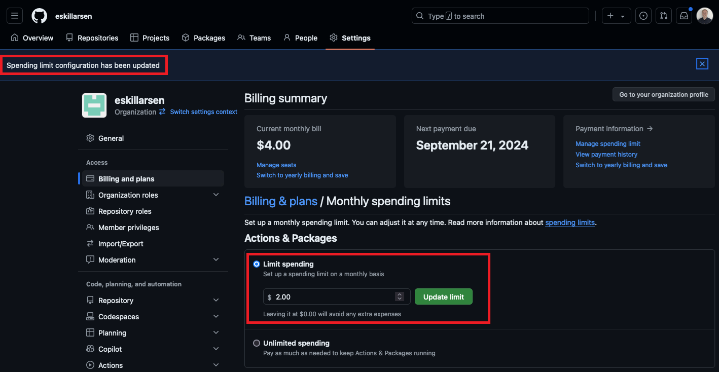 Updated spending limit