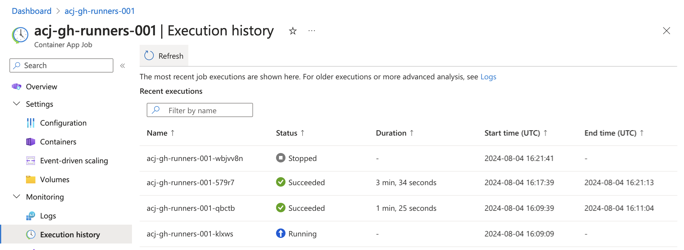 Container App Job - Execution history