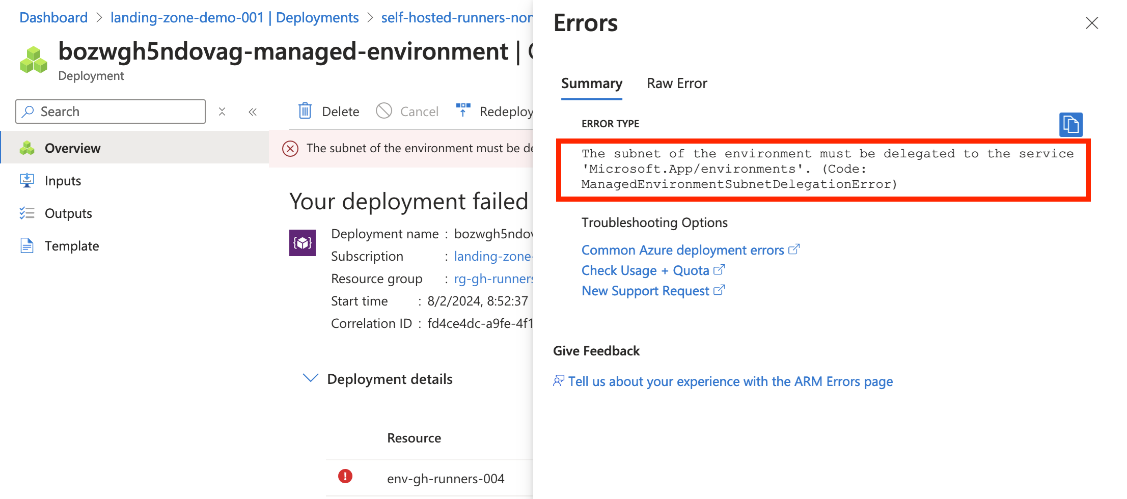 workload profiles environment, fails when subnet isn't delegated