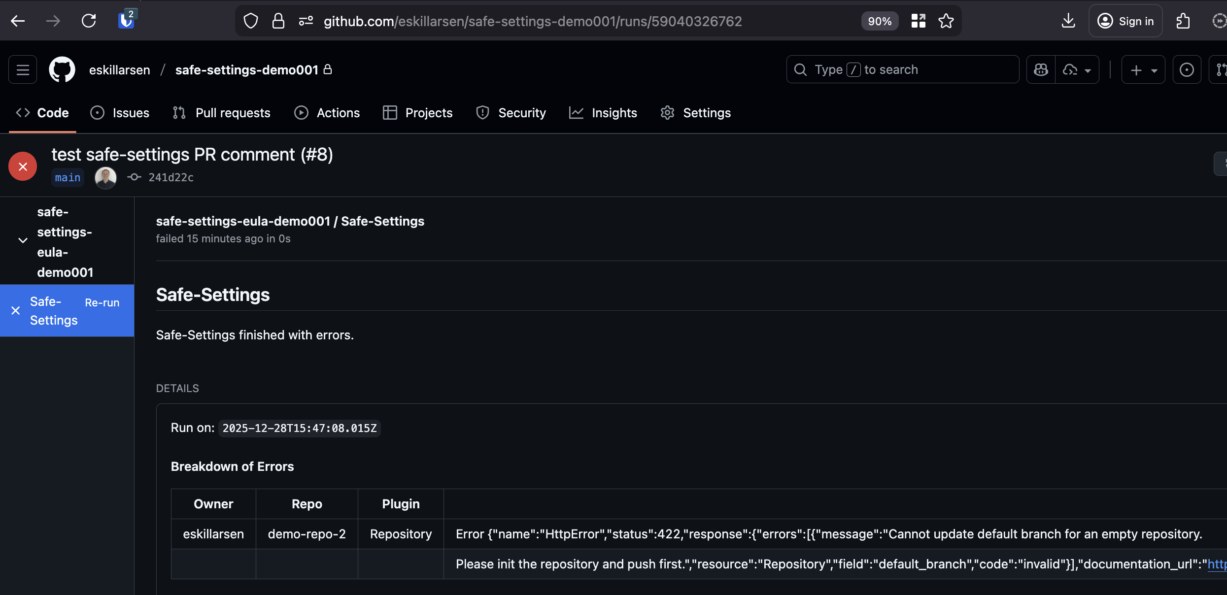 Safe-settings check failed