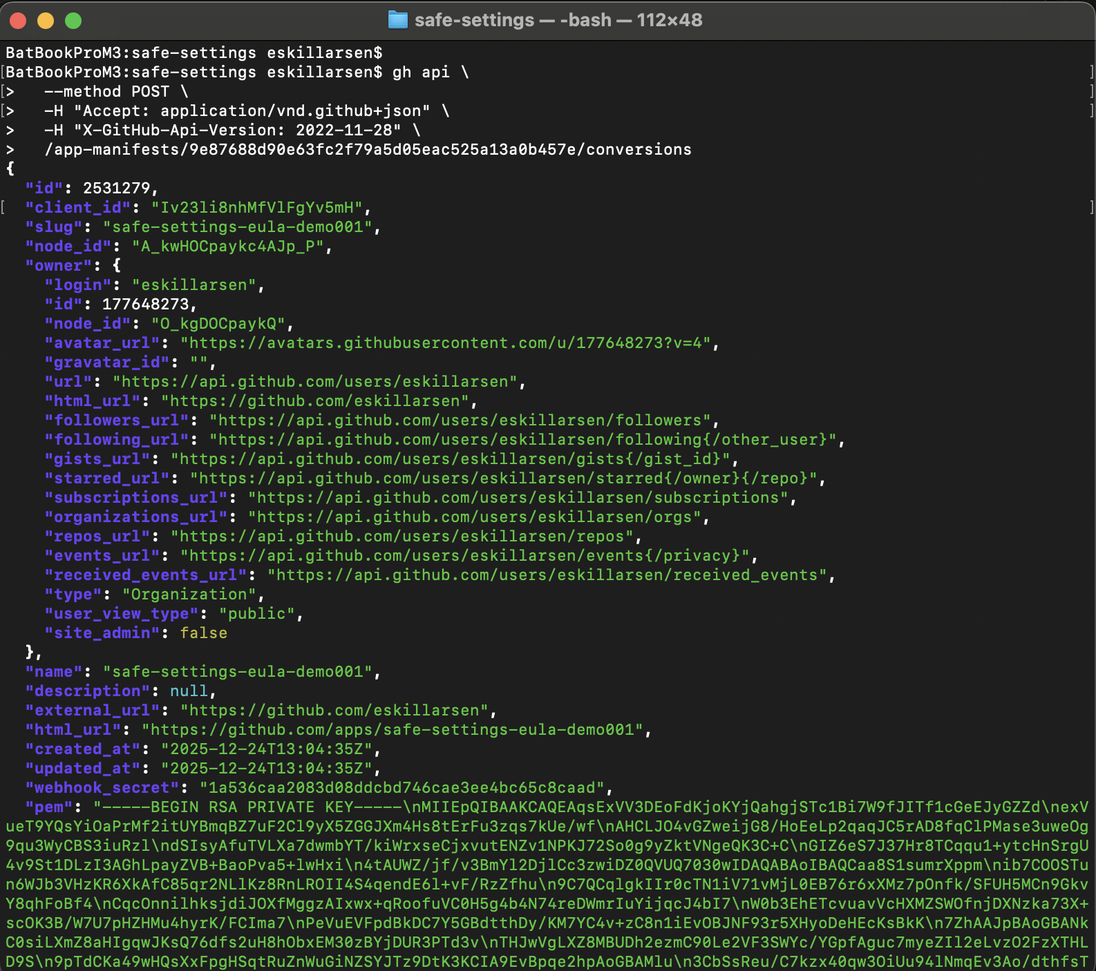 Response as the GitHub App is created