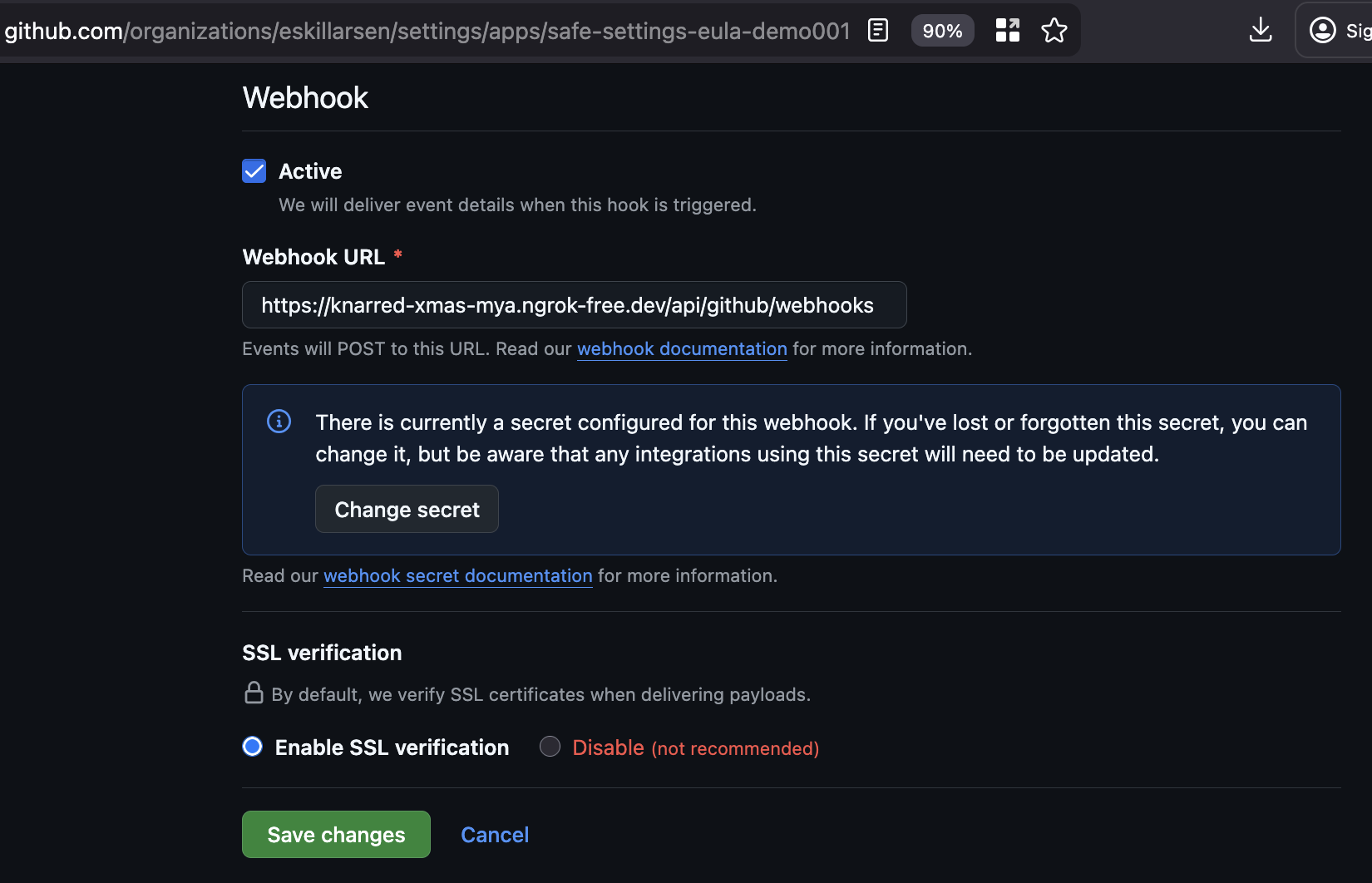 Webhook URL updated on the GitHub App