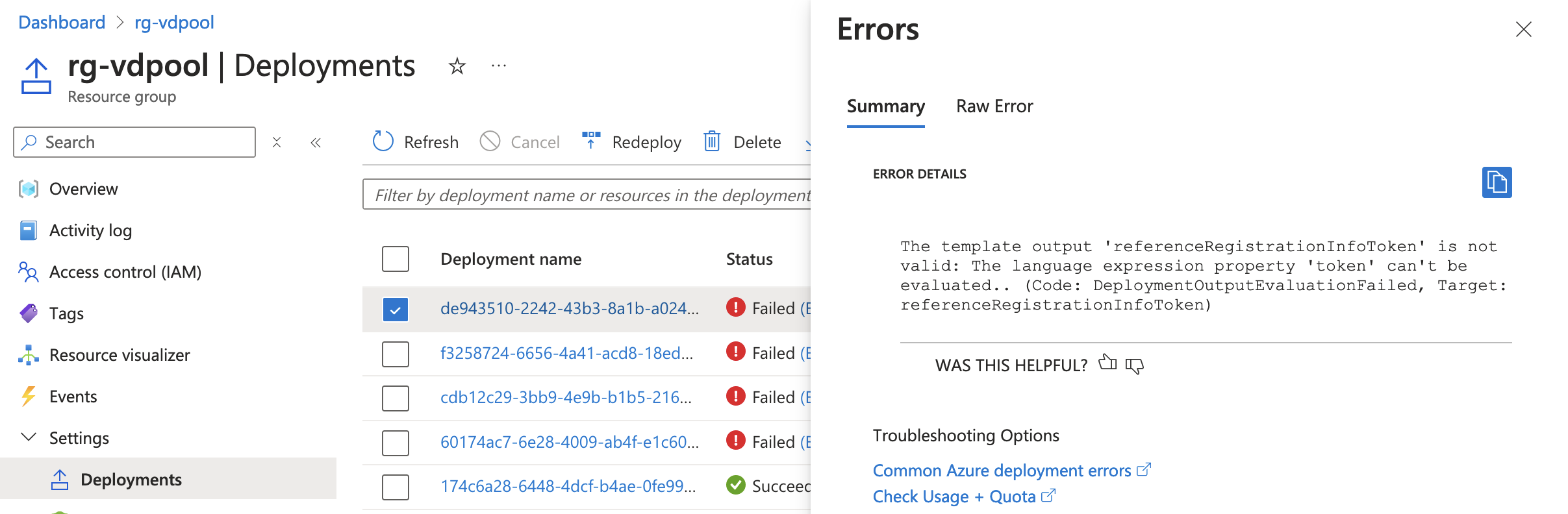 azure deployment property error