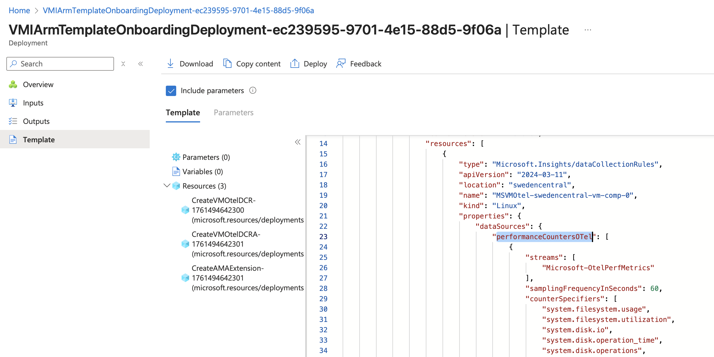 Snipped of onboarding ARM deployment